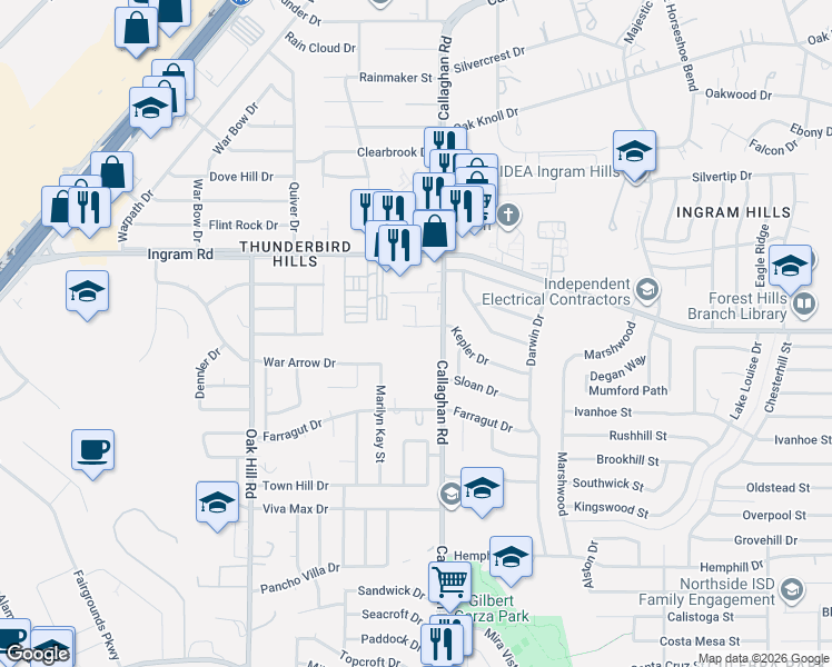 map of restaurants, bars, coffee shops, grocery stores, and more near 4015 Callaghan Road in San Antonio