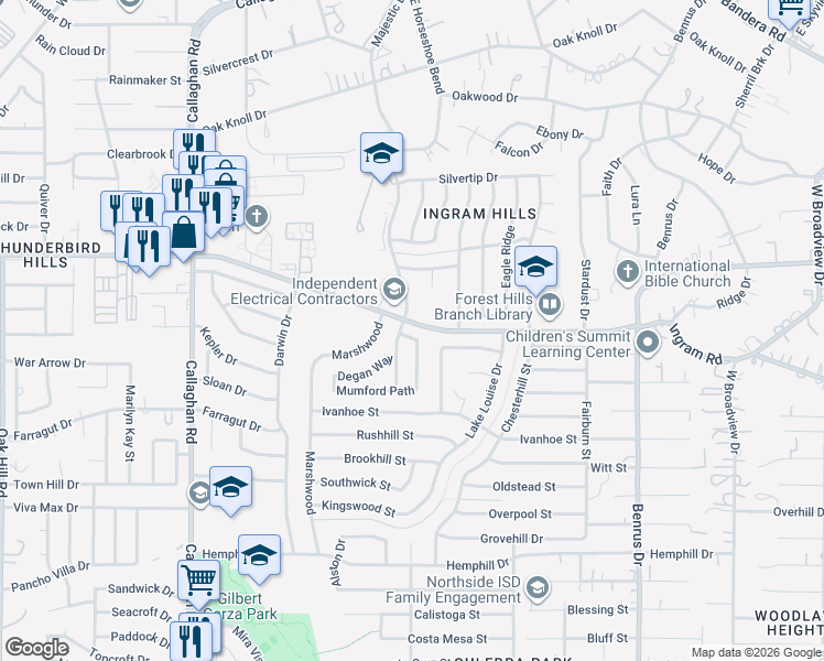 map of restaurants, bars, coffee shops, grocery stores, and more near 5435 Ingram Road in San Antonio