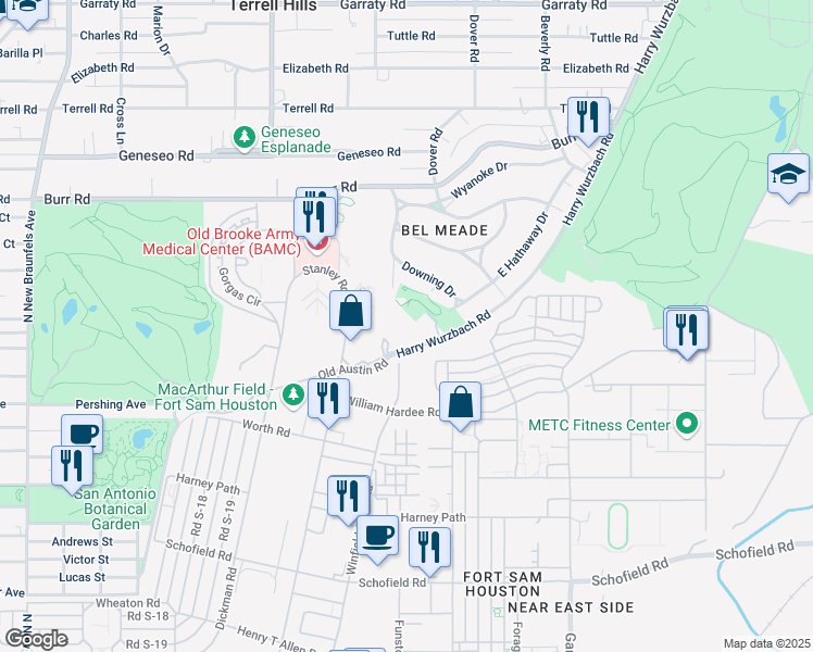 map of restaurants, bars, coffee shops, grocery stores, and more near 1 Towers Park Lane in San Antonio
