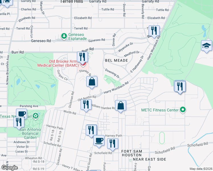 map of restaurants, bars, coffee shops, grocery stores, and more near 1 Towers Park Lane in San Antonio