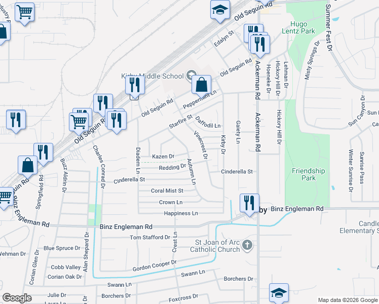 map of restaurants, bars, coffee shops, grocery stores, and more near 3707 Vinecrest Drive in San Antonio