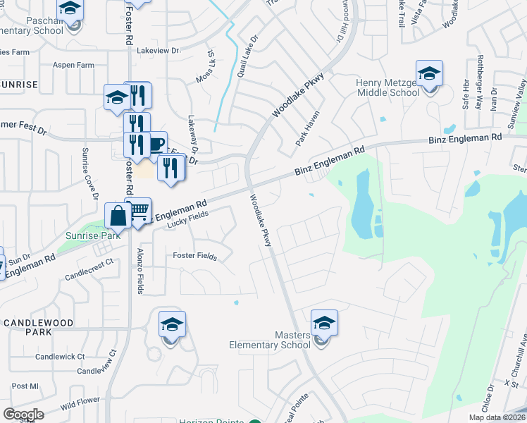 map of restaurants, bars, coffee shops, grocery stores, and more near 6922 Sunspot in Converse
