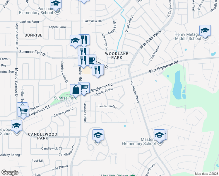 map of restaurants, bars, coffee shops, grocery stores, and more near 6706 Sandy Point Drive in San Antonio