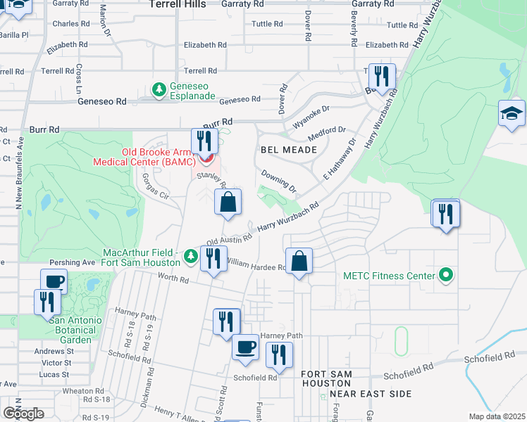 map of restaurants, bars, coffee shops, grocery stores, and more near 1 Towers Park Lane in San Antonio