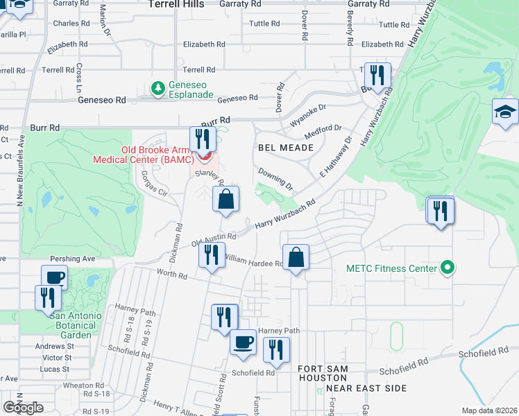 map of restaurants, bars, coffee shops, grocery stores, and more near 1 Towers Park Lane in San Antonio