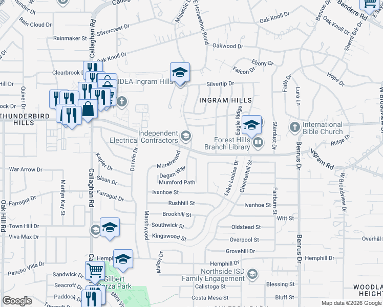 map of restaurants, bars, coffee shops, grocery stores, and more near 5435 Ingram Road in San Antonio