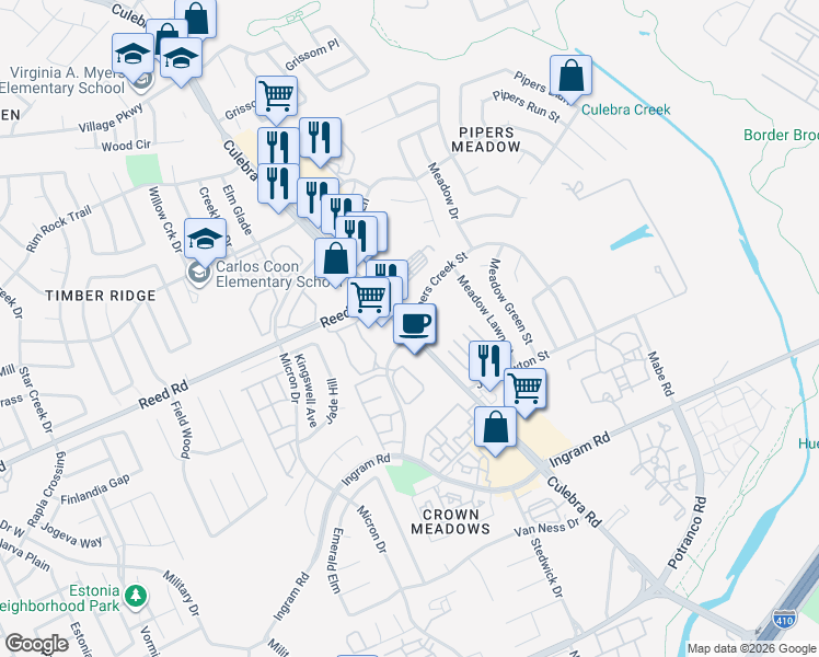 map of restaurants, bars, coffee shops, grocery stores, and more near 7914 Culebra Road in San Antonio