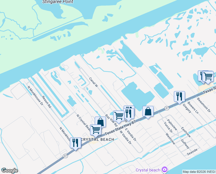 map of restaurants, bars, coffee shops, grocery stores, and more near 1210 Canal East in Bolivar Peninsula