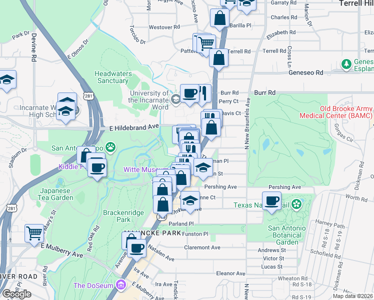map of restaurants, bars, coffee shops, grocery stores, and more near 4035 Broadway in San Antonio