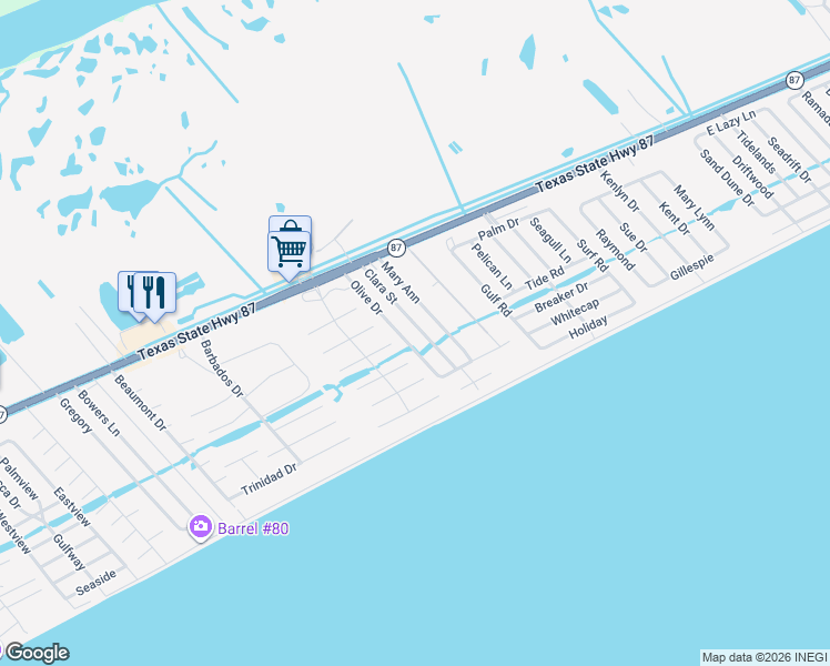 map of restaurants, bars, coffee shops, grocery stores, and more near 946 Mary Ann in Bolivar Peninsula