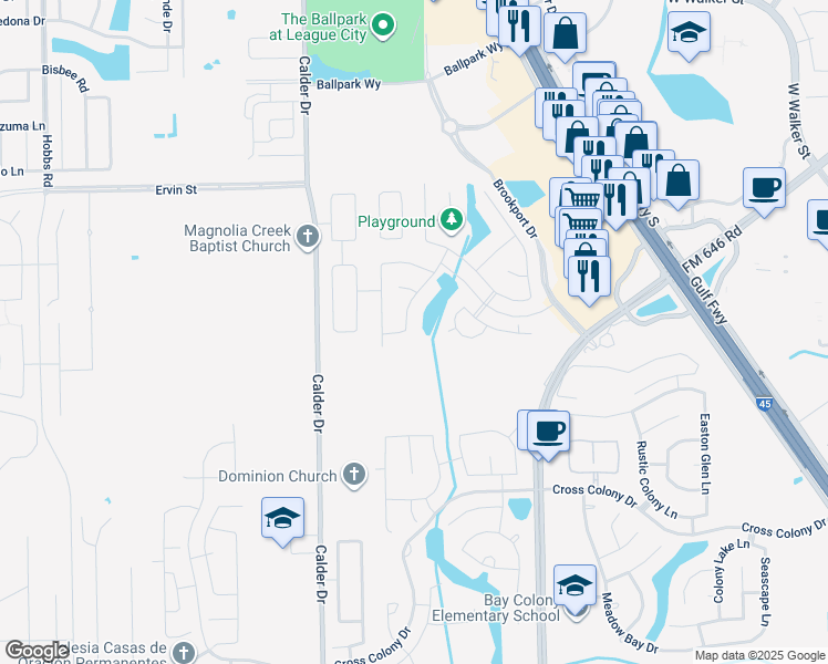 map of restaurants, bars, coffee shops, grocery stores, and more near 265 Crystal Isle Drive in Dickinson