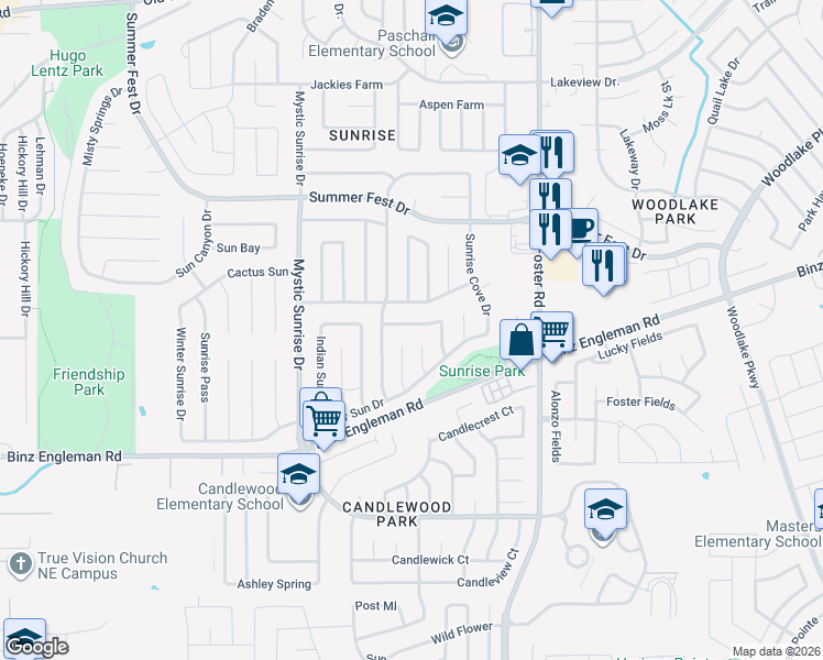 map of restaurants, bars, coffee shops, grocery stores, and more near 6021 Hidden Sunrise Drive in San Antonio