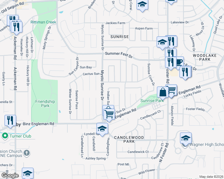 map of restaurants, bars, coffee shops, grocery stores, and more near 5921 Mission Sunrise in San Antonio
