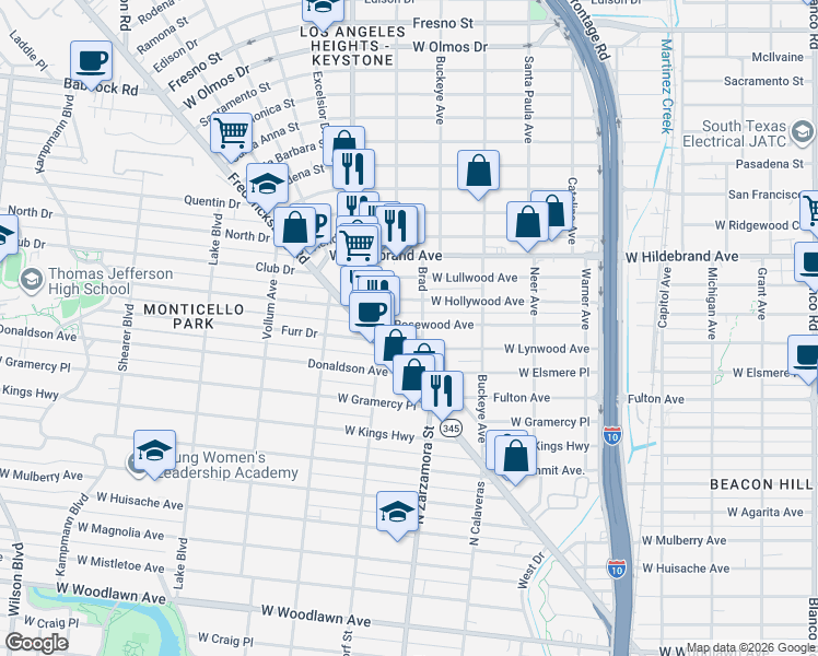 map of restaurants, bars, coffee shops, grocery stores, and more near 1627 West Rosewood Avenue in San Antonio