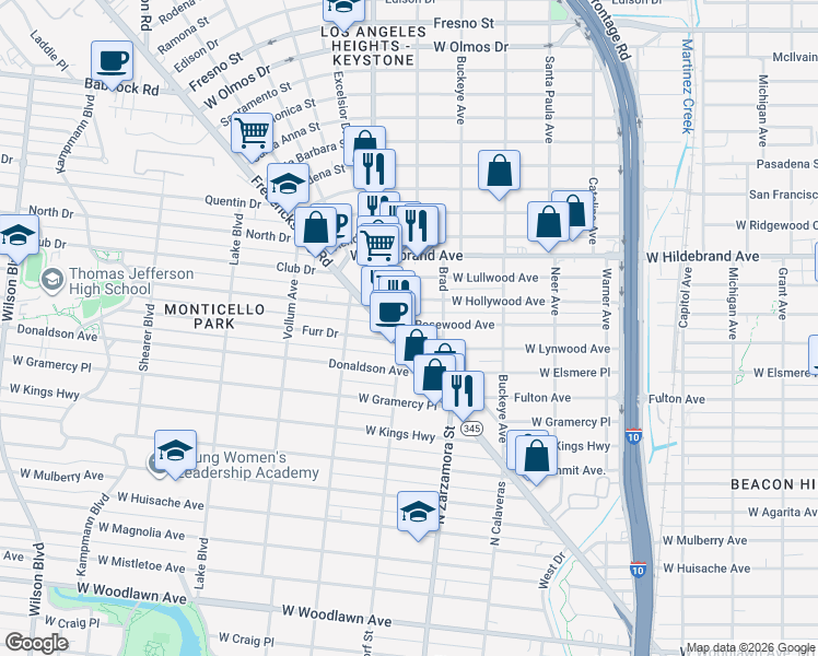 map of restaurants, bars, coffee shops, grocery stores, and more near 1631 West Rosewood Avenue in San Antonio