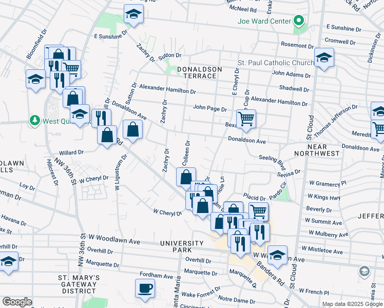 map of restaurants, bars, coffee shops, grocery stores, and more near 138 Colleen Drive in San Antonio