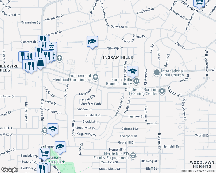 map of restaurants, bars, coffee shops, grocery stores, and more near 5435 Ingram Road in San Antonio