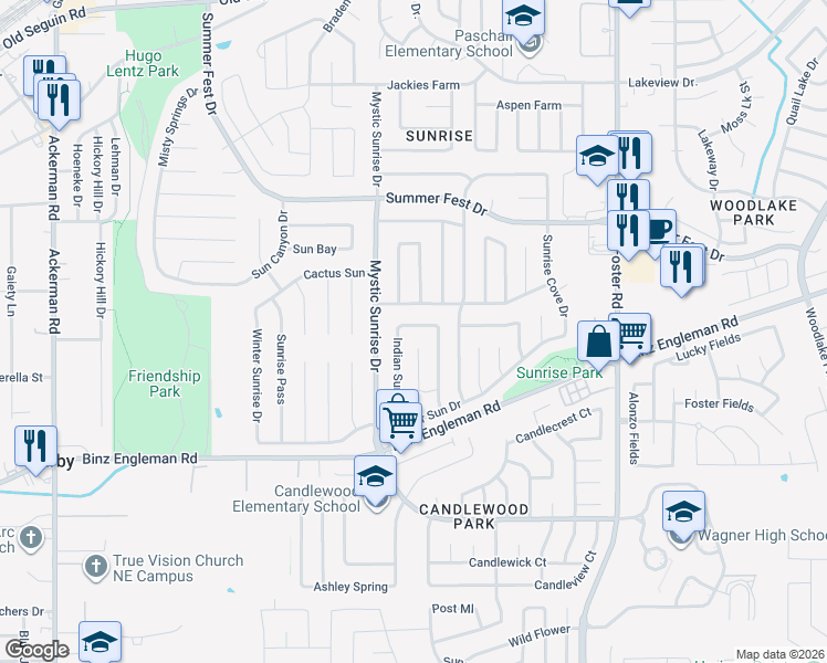 map of restaurants, bars, coffee shops, grocery stores, and more near 5921 Mission Sunrise in San Antonio