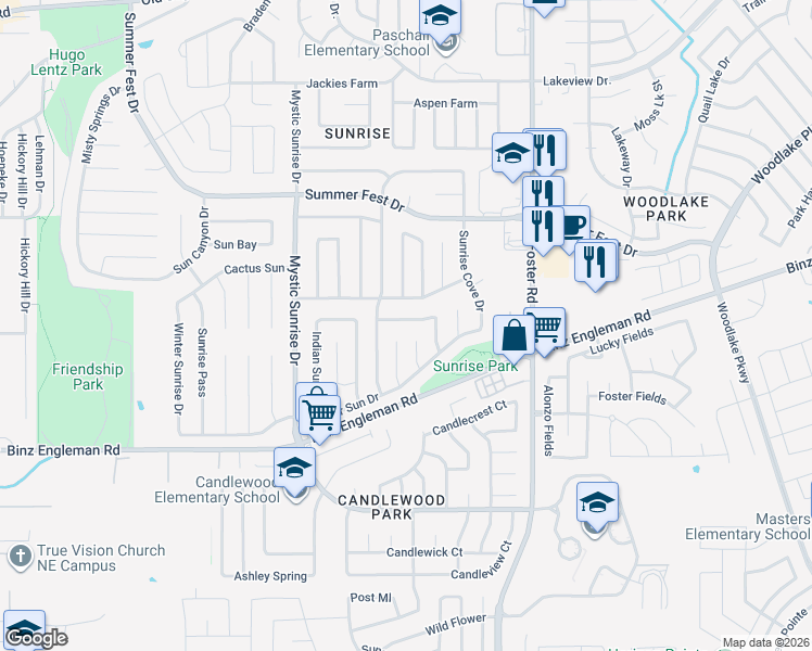 map of restaurants, bars, coffee shops, grocery stores, and more near 6021 Hidden Sunrise Drive in San Antonio