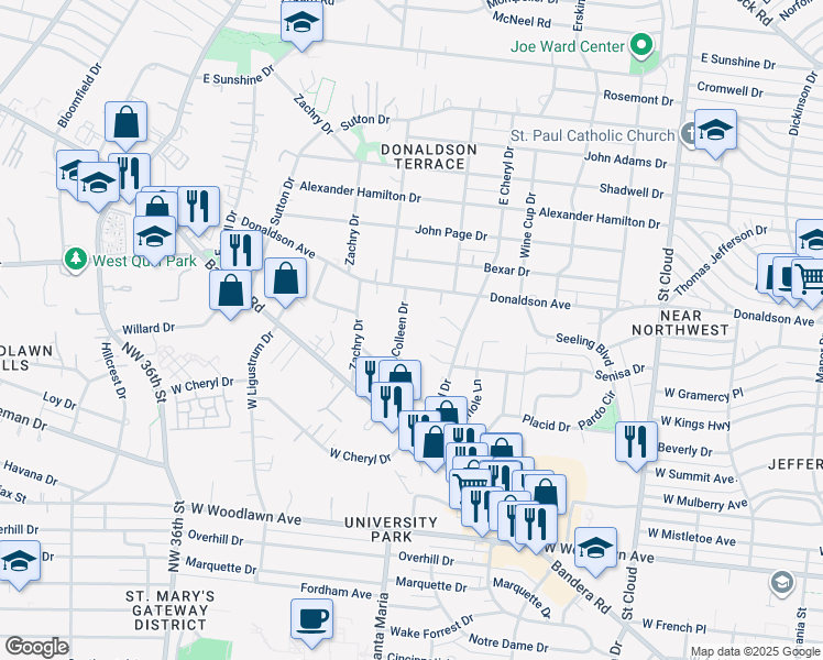 map of restaurants, bars, coffee shops, grocery stores, and more near 138 Colleen Drive in San Antonio