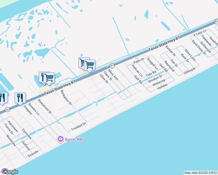 map of restaurants, bars, coffee shops, grocery stores, and more near 964 Olive Drive in Bolivar Peninsula