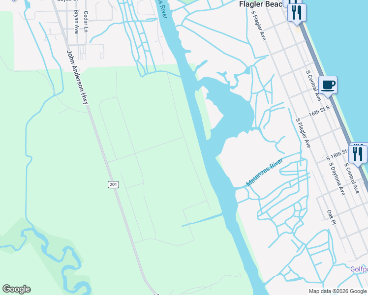 map of restaurants, bars, coffee shops, grocery stores, and more near 423 Palm Drive in Flagler Beach