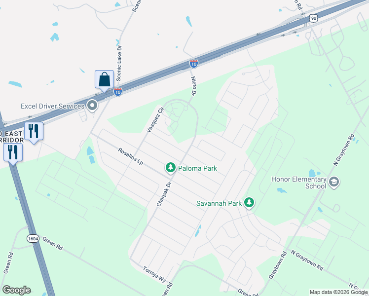 map of restaurants, bars, coffee shops, grocery stores, and more near 10567 Pablo Way in Converse