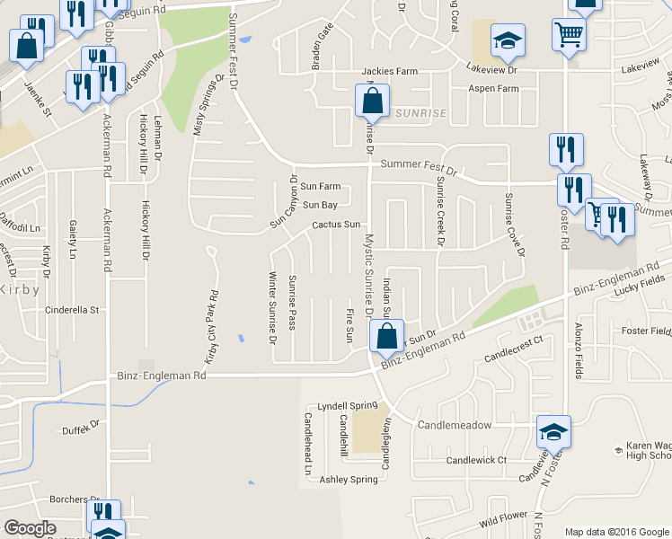 map of restaurants, bars, coffee shops, grocery stores, and more near 4127 Hickory Sun in San Antonio