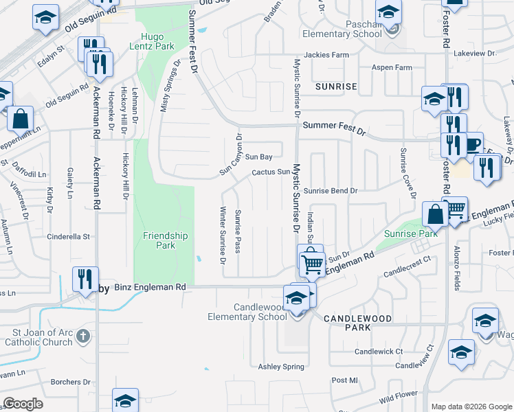 map of restaurants, bars, coffee shops, grocery stores, and more near 4126 Dakota Sun in San Antonio