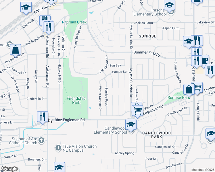map of restaurants, bars, coffee shops, grocery stores, and more near 4142 Winter Sunrise Drive in San Antonio