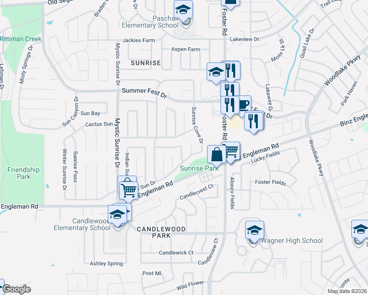 map of restaurants, bars, coffee shops, grocery stores, and more near 4033 Sunrise Bluff Drive in San Antonio