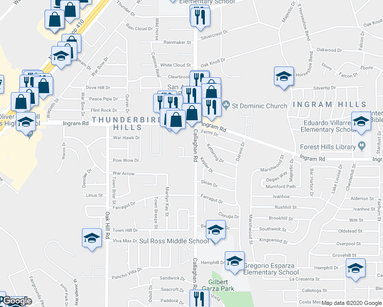 map of restaurants, bars, coffee shops, grocery stores, and more near 4124 Callaghan Road in San Antonio