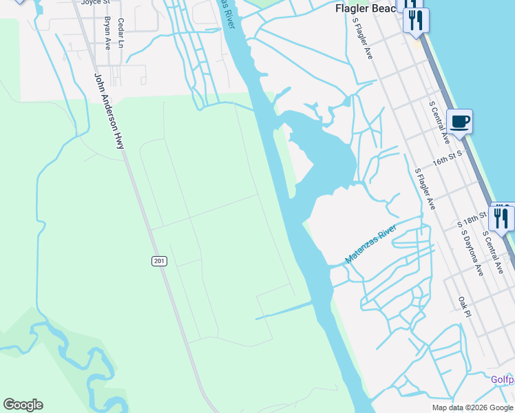 map of restaurants, bars, coffee shops, grocery stores, and more near 85 Coronado Road in Flagler Beach