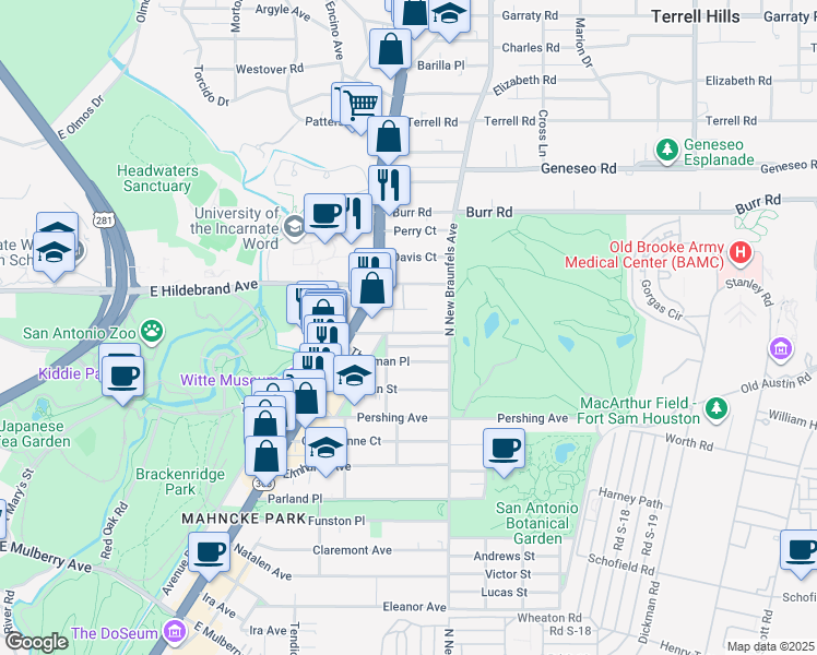 map of restaurants, bars, coffee shops, grocery stores, and more near 211 Allensworth Street in San Antonio