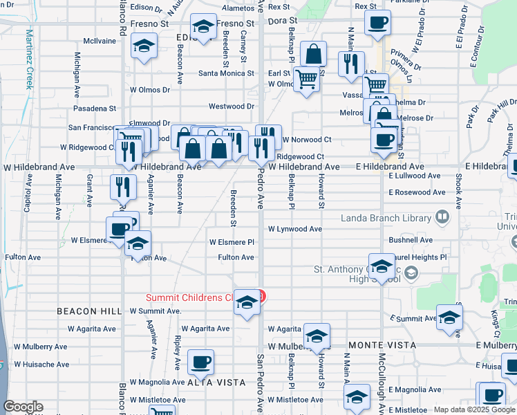 map of restaurants, bars, coffee shops, grocery stores, and more near 343 West Hollywood Avenue in San Antonio