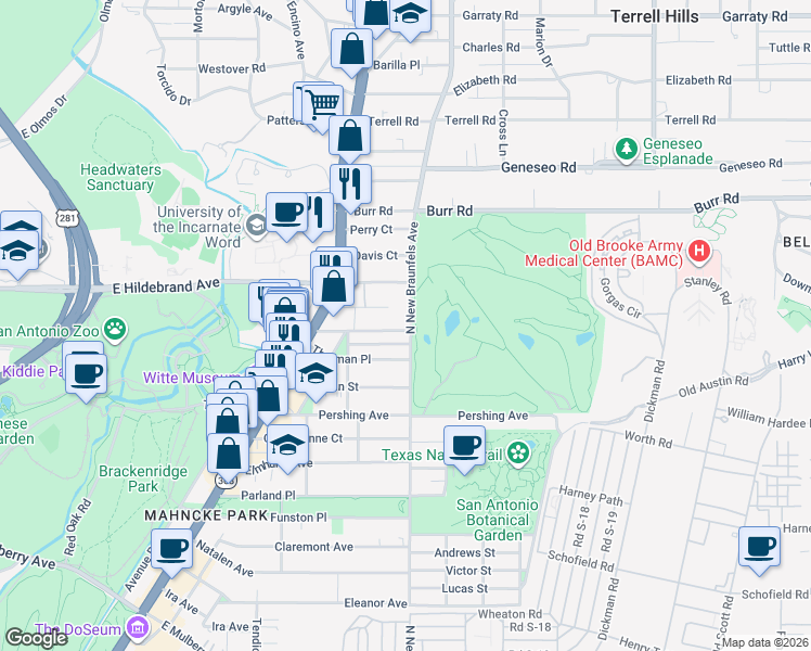 map of restaurants, bars, coffee shops, grocery stores, and more near 249 Allensworth Street in San Antonio