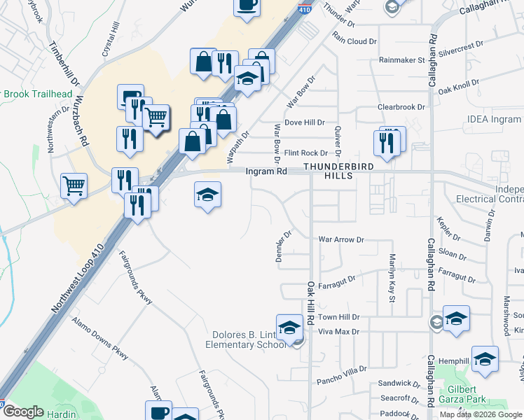 map of restaurants, bars, coffee shops, grocery stores, and more near 2923 War Feather in San Antonio