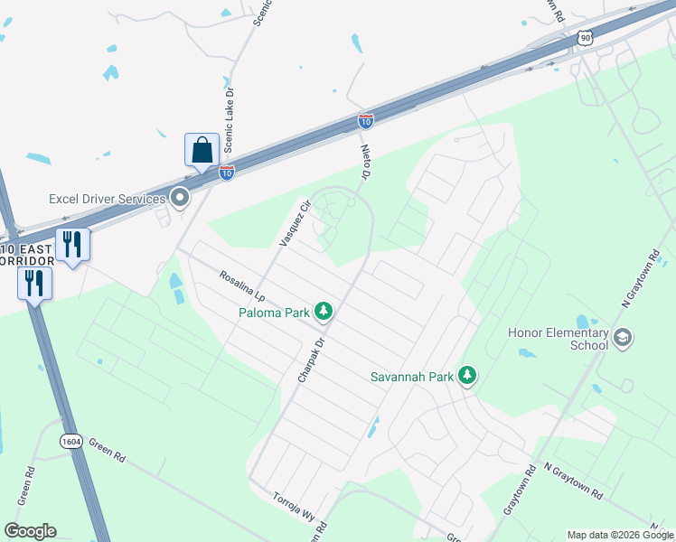 map of restaurants, bars, coffee shops, grocery stores, and more near 10567 Pablo Way in Converse