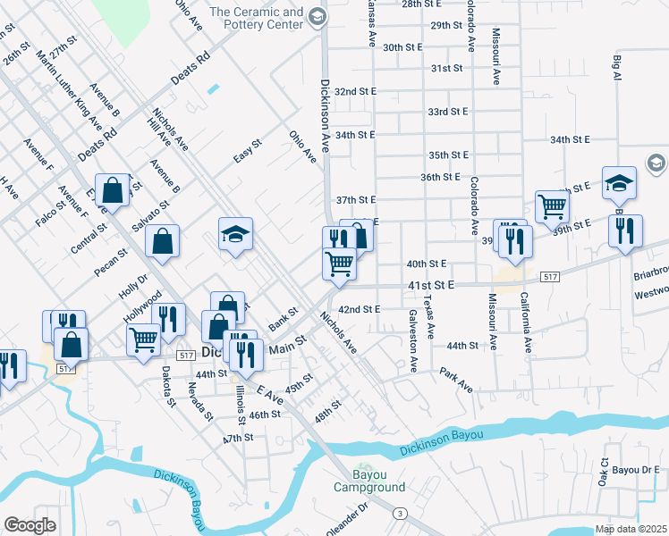 map of restaurants, bars, coffee shops, grocery stores, and more near 4325-4249 FM 517 Road East in Dickinson