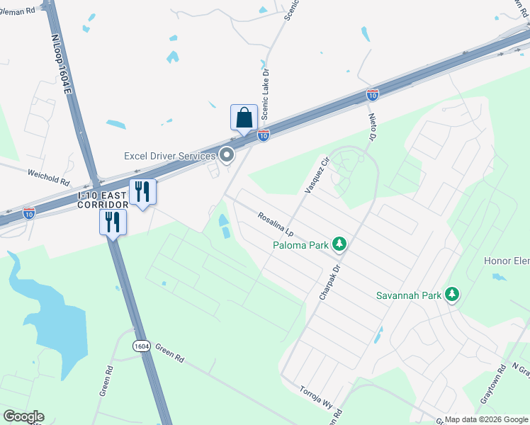 map of restaurants, bars, coffee shops, grocery stores, and more near 10410 Francisco Way in Converse