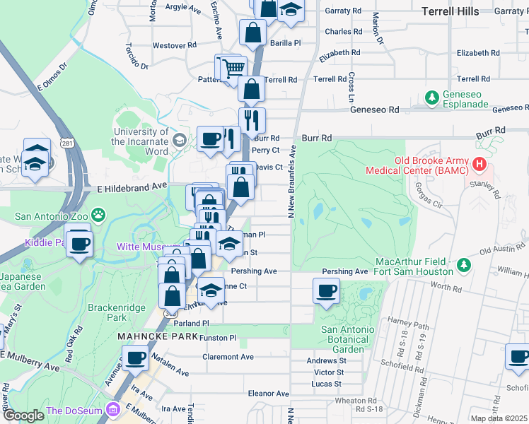 map of restaurants, bars, coffee shops, grocery stores, and more near 211 Allensworth Street in San Antonio