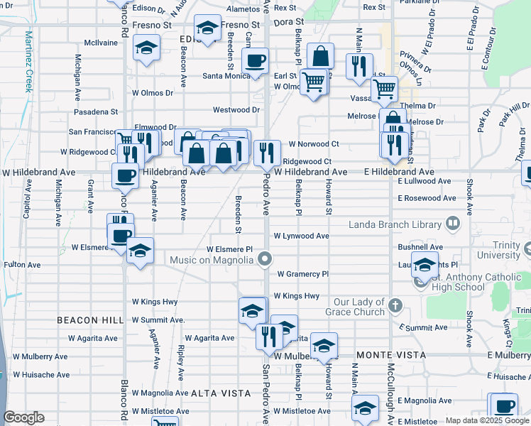 map of restaurants, bars, coffee shops, grocery stores, and more near 343 West Hollywood Avenue in San Antonio