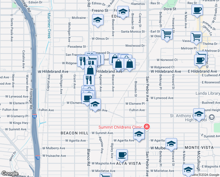 map of restaurants, bars, coffee shops, grocery stores, and more near 718 West Rosewood Avenue in San Antonio