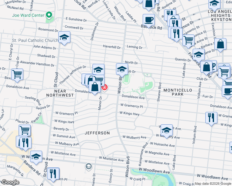 map of restaurants, bars, coffee shops, grocery stores, and more near 909 Donaldson Avenue in San Antonio