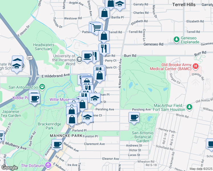 map of restaurants, bars, coffee shops, grocery stores, and more near 211 Allensworth Street in San Antonio