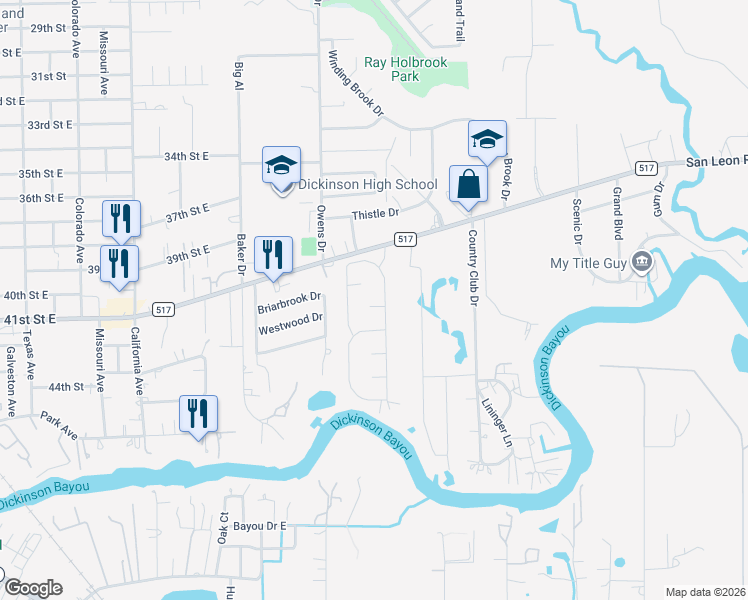 map of restaurants, bars, coffee shops, grocery stores, and more near 4135 East Bayou Maison Circle in Dickinson