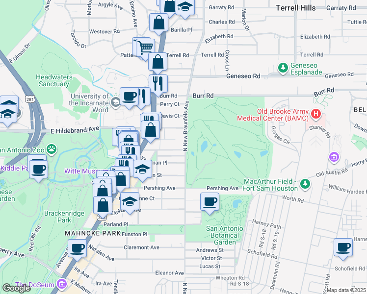 map of restaurants, bars, coffee shops, grocery stores, and more near 3903 North New Braunfels Avenue in San Antonio