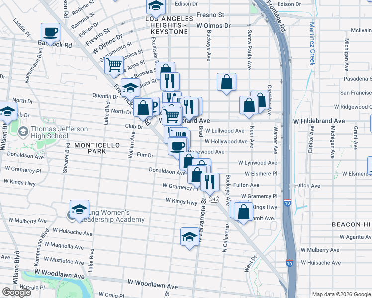 map of restaurants, bars, coffee shops, grocery stores, and more near 1631 West Rosewood Avenue in San Antonio