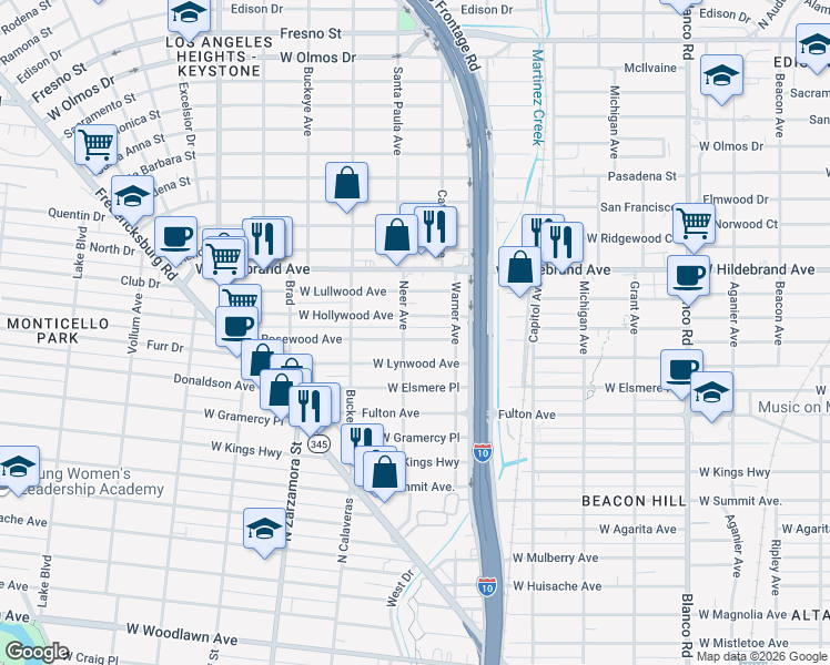 map of restaurants, bars, coffee shops, grocery stores, and more near 1339 West Rosewood Avenue in San Antonio