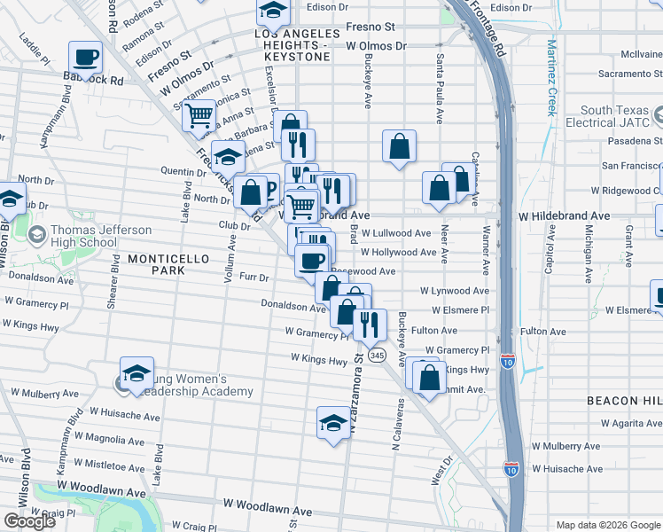 map of restaurants, bars, coffee shops, grocery stores, and more near 1627 W Rosewood Ave in San Antonio